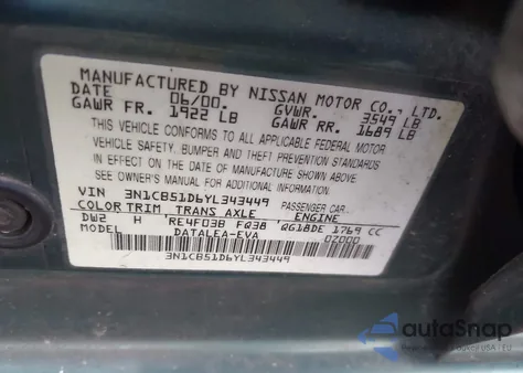 2000 Nissan Sentra Gxe/Xe из США, поврежденный, VIN 3N1CB51D6YL343449